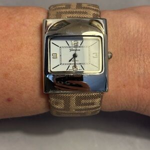 Geneva Silver Tone White Dial Ladies Open Cuff Watch